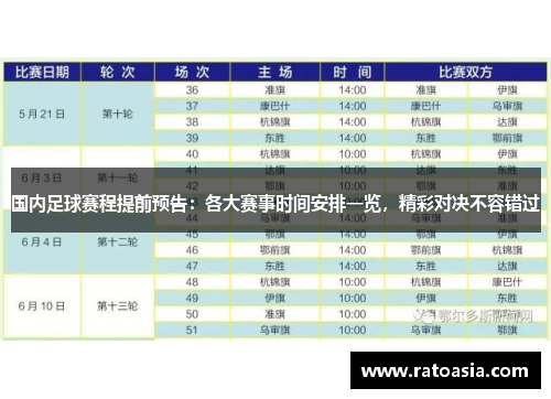 国内足球赛程提前预告：各大赛事时间安排一览，精彩对决不容错过