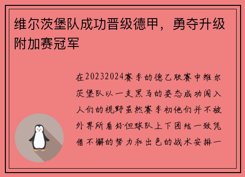 维尔茨堡队成功晋级德甲，勇夺升级附加赛冠军