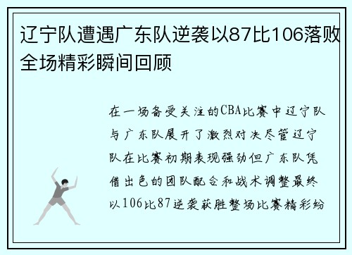 辽宁队遭遇广东队逆袭以87比106落败全场精彩瞬间回顾